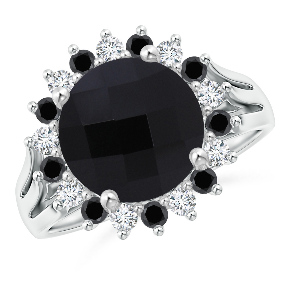 10mm AAA Black Onyx Triple Split Shank Ring with Alternating Halo in White Gold
