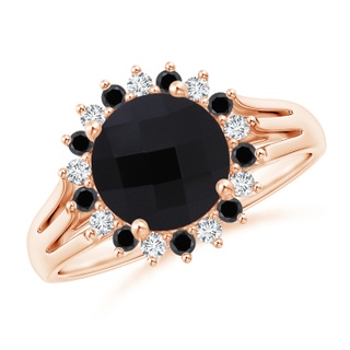 8mm AAA Black Onyx Triple Split Shank Ring with Alternating Halo in Rose Gold
