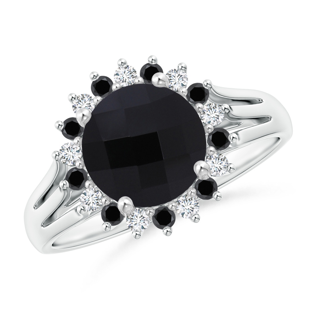 8mm AAA Black Onyx Triple Split Shank Ring with Alternating Halo in White Gold