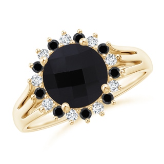 8mm AAA Black Onyx Triple Split Shank Ring with Alternating Halo in Yellow Gold