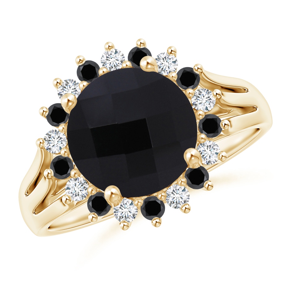 9mm AAA Black Onyx Triple Split Shank Ring with Alternating Halo in Yellow Gold 