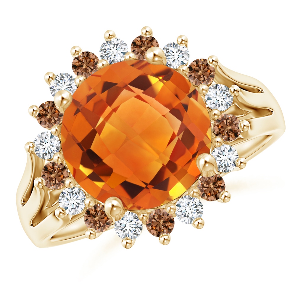 10mm AAAA Round Citrine Triple Split Shank Ring with Alternating Halo in Yellow Gold