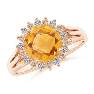 8mm A Round Citrine Triple Split Shank Ring with Alternating Halo in 10K Rose Gold