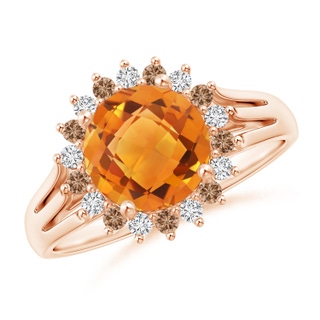 8mm AAA Round Citrine Triple Split Shank Ring with Alternating Halo in Rose Gold