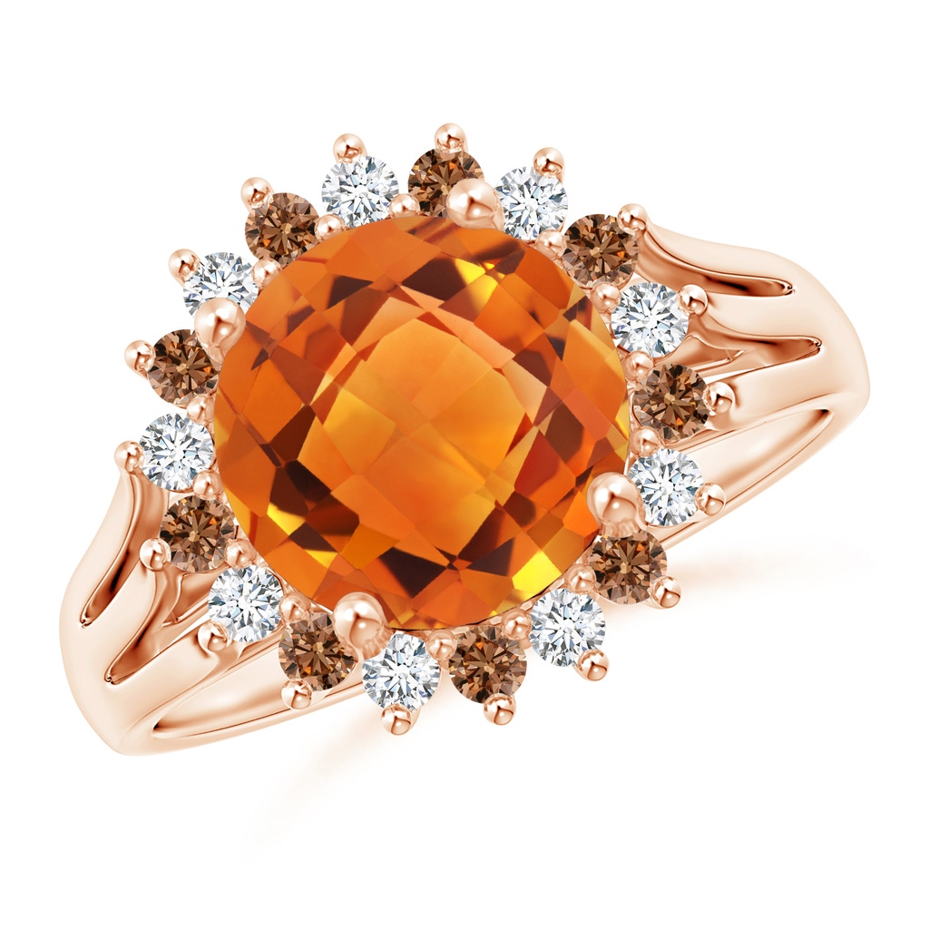 9mm AAAA Round Citrine Triple Split Shank Ring with Alternating Halo in Rose Gold