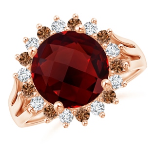 10mm AAAA Round Garnet Triple Split Shank Ring with Alternating Halo in Rose Gold