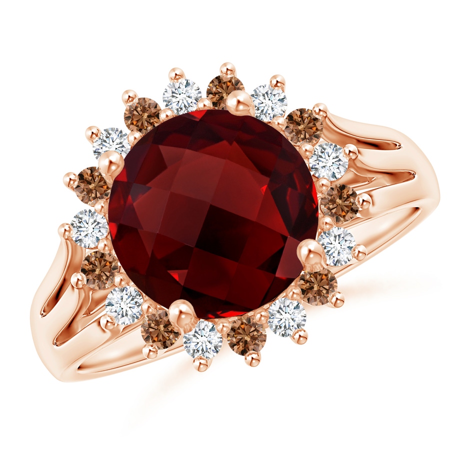 9mm AAAA Round Garnet Triple Split Shank Ring with Alternating Halo in Rose Gold 