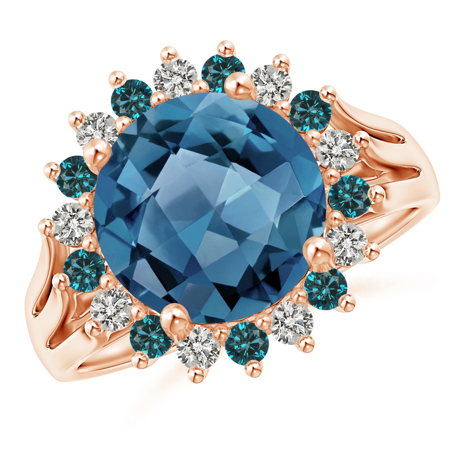 10mm A London Blue Topaz Triple Shank Ring with Alternating Halo in Rose Gold 