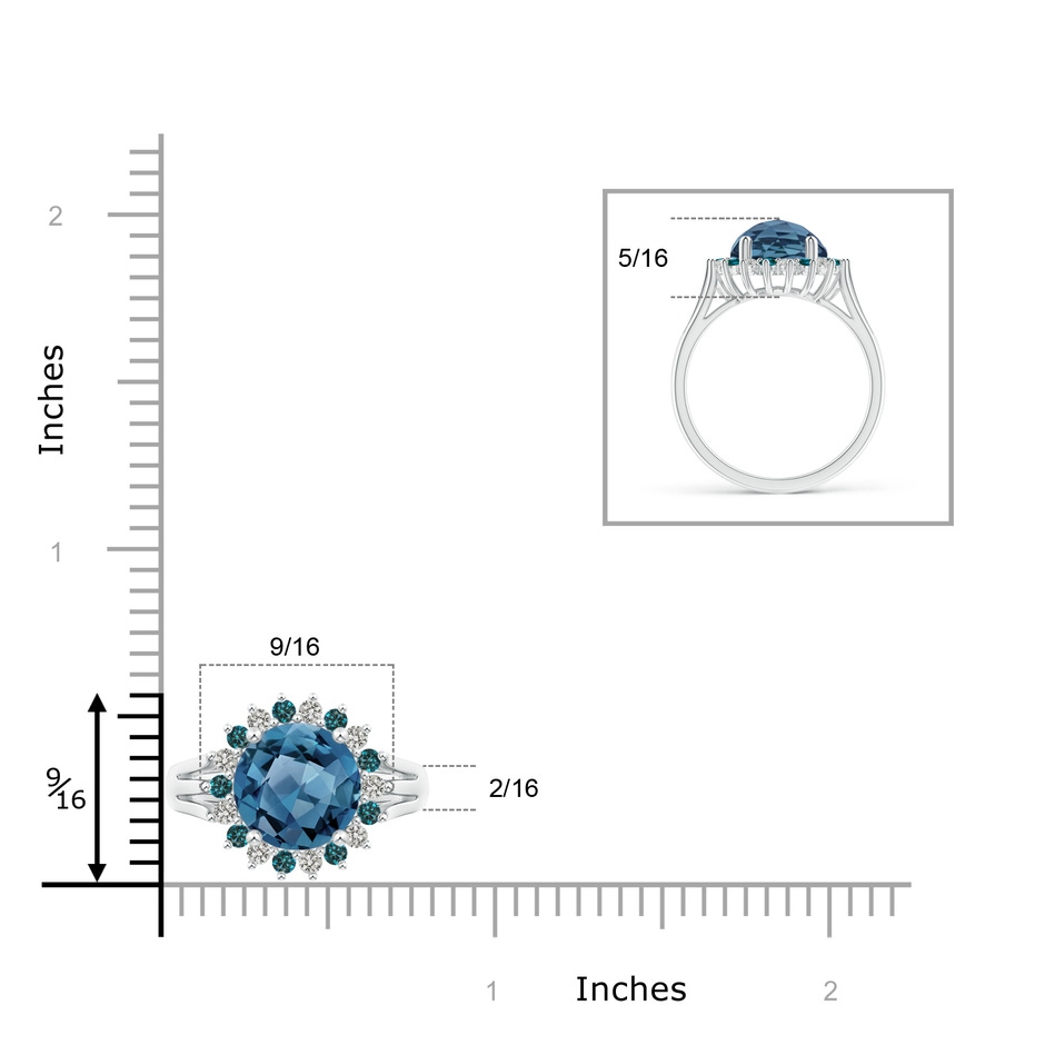 10mm A London Blue Topaz Triple Shank Ring with Alternating Halo in White Gold ruler