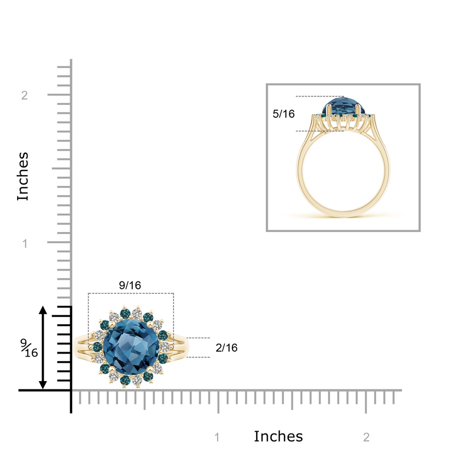 10mm A London Blue Topaz Triple Shank Ring with Alternating Halo in Yellow Gold ruler