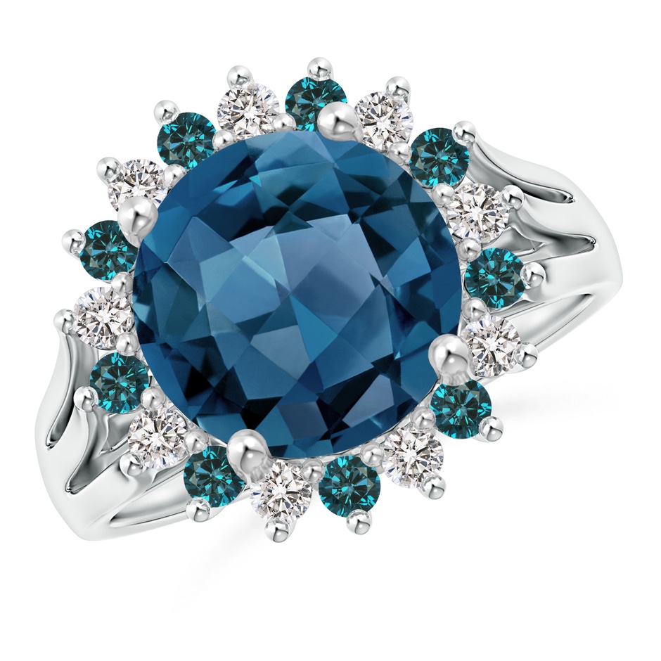 10mm AA London Blue Topaz Triple Shank Ring with Alternating Halo in White Gold 