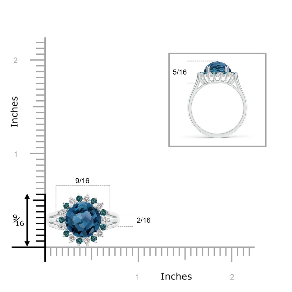 10mm AA London Blue Topaz Triple Shank Ring with Alternating Halo in White Gold ruler