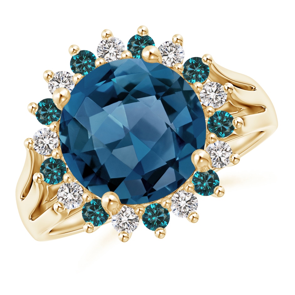 10mm AA London Blue Topaz Triple Shank Ring with Alternating Halo in Yellow Gold 