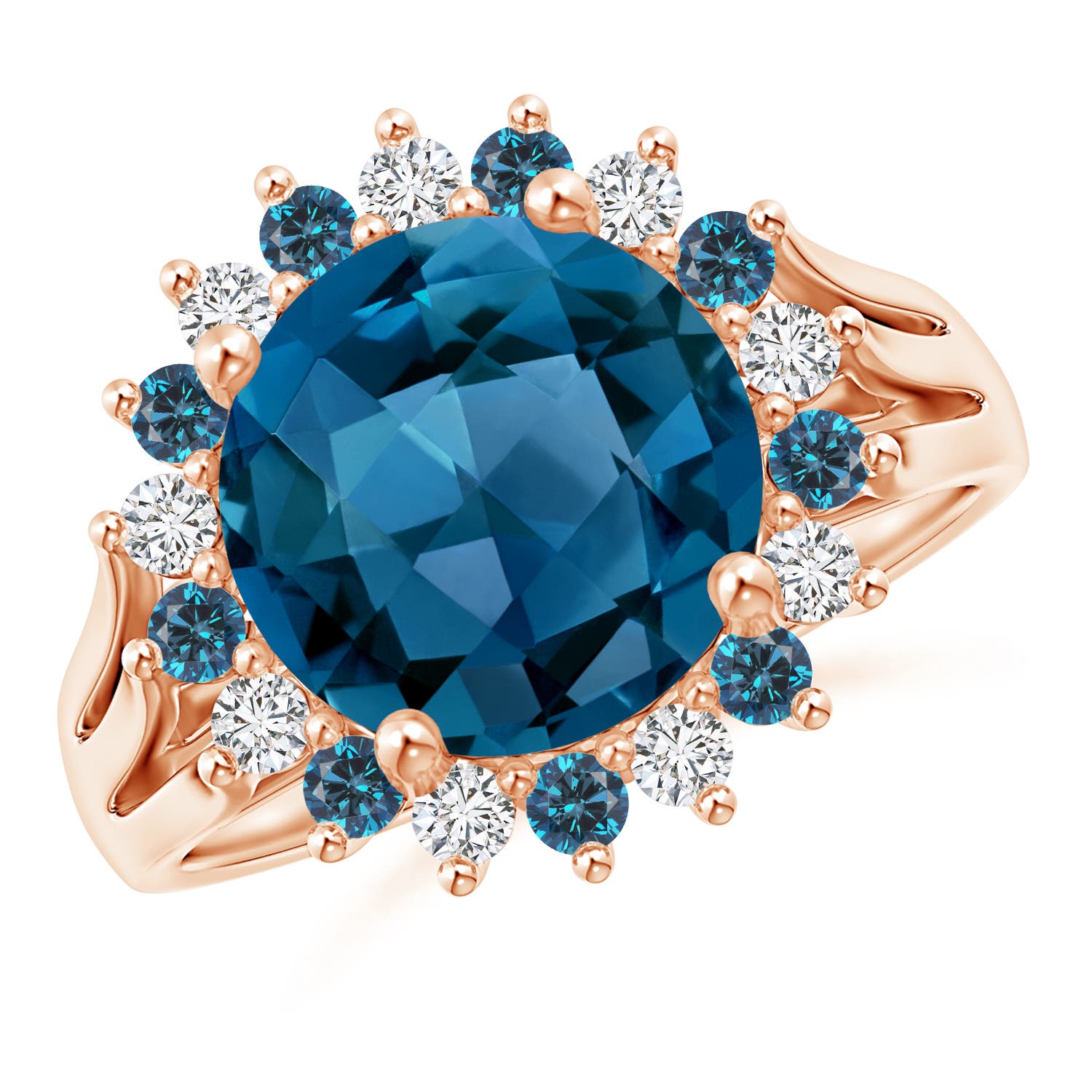 10mm AAA London Blue Topaz Triple Shank Ring with Alternating Halo in Rose Gold