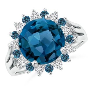 10mm AAA London Blue Topaz Triple Shank Ring with Alternating Halo in White Gold