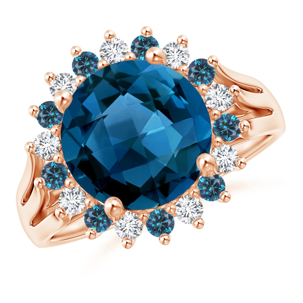 10mm AAAA London Blue Topaz Triple Shank Ring with Alternating Halo in Rose Gold