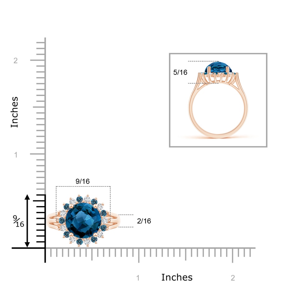 10mm AAAA London Blue Topaz Triple Shank Ring with Alternating Halo in Rose Gold ruler