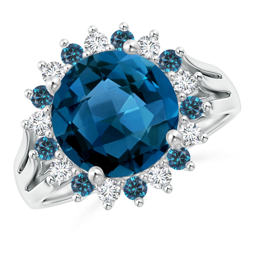 10mm AAAA London Blue Topaz Triple Shank Ring with Alternating Halo in White Gold