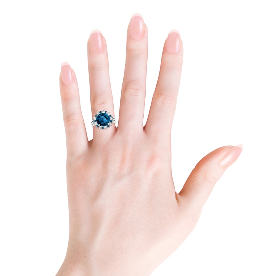 10mm AAAA London Blue Topaz Triple Shank Ring with Alternating Halo in White Gold body-hand