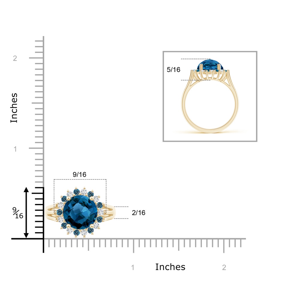 10mm AAAA London Blue Topaz Triple Shank Ring with Alternating Halo in Yellow Gold ruler