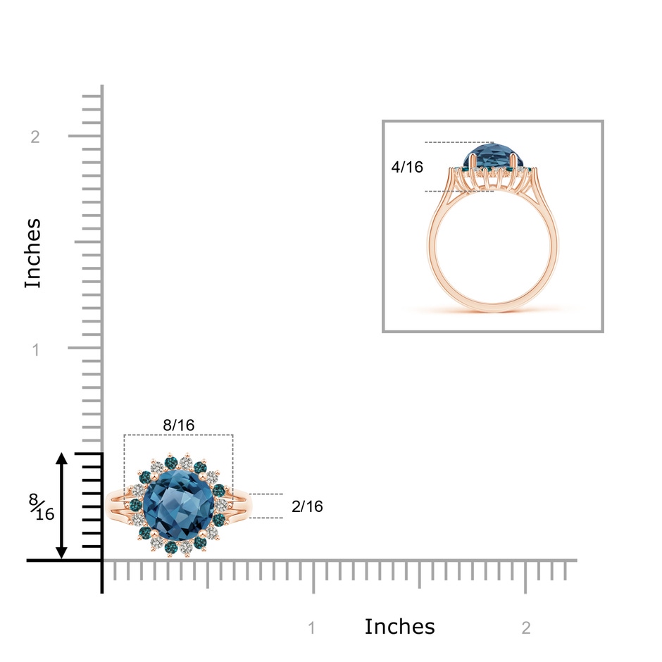 8mm A London Blue Topaz Triple Shank Ring with Alternating Halo in Rose Gold ruler
