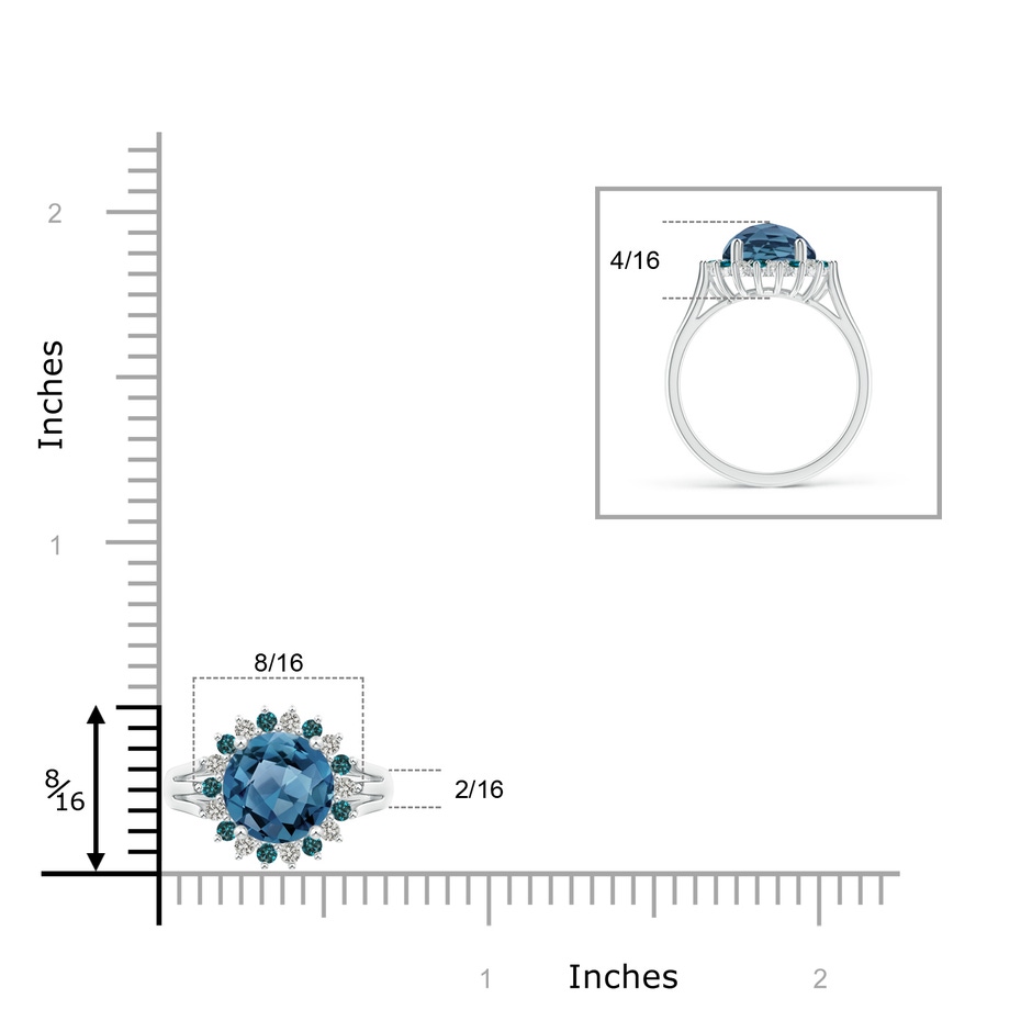 8mm A London Blue Topaz Triple Shank Ring with Alternating Halo in White Gold ruler