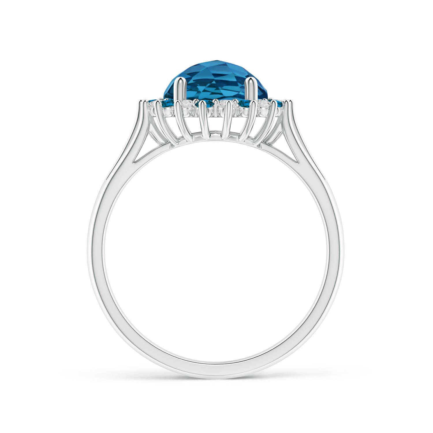 8mm AAA London Blue Topaz Triple Shank Ring with Alternating Halo in White Gold