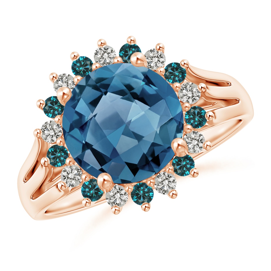 9mm A London Blue Topaz Triple Shank Ring with Alternating Halo in Rose Gold 