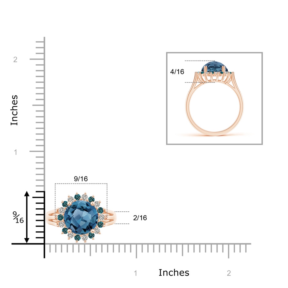9mm A London Blue Topaz Triple Shank Ring with Alternating Halo in Rose Gold ruler