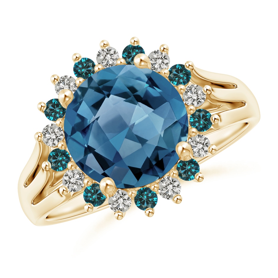 9mm A London Blue Topaz Triple Shank Ring with Alternating Halo in Yellow Gold 