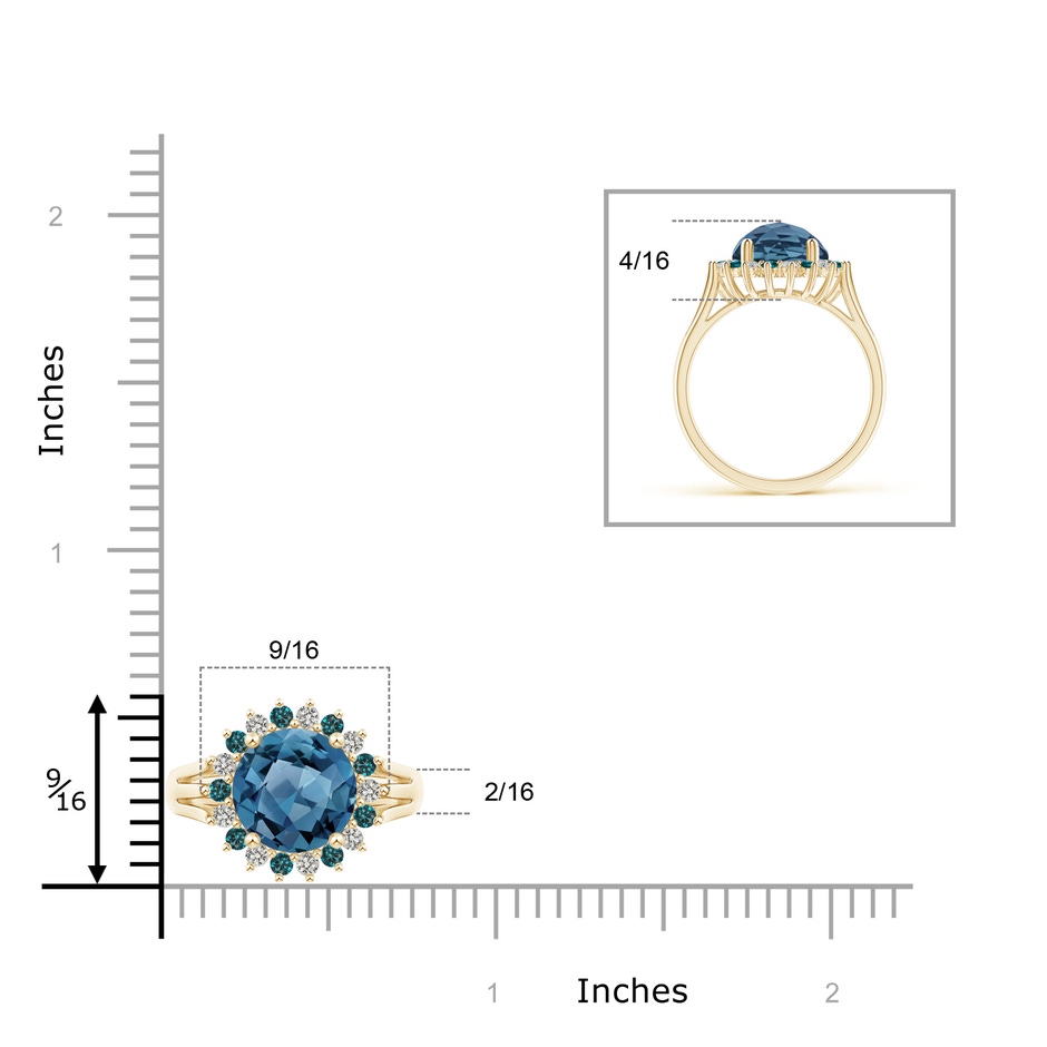 9mm A London Blue Topaz Triple Shank Ring with Alternating Halo in Yellow Gold ruler