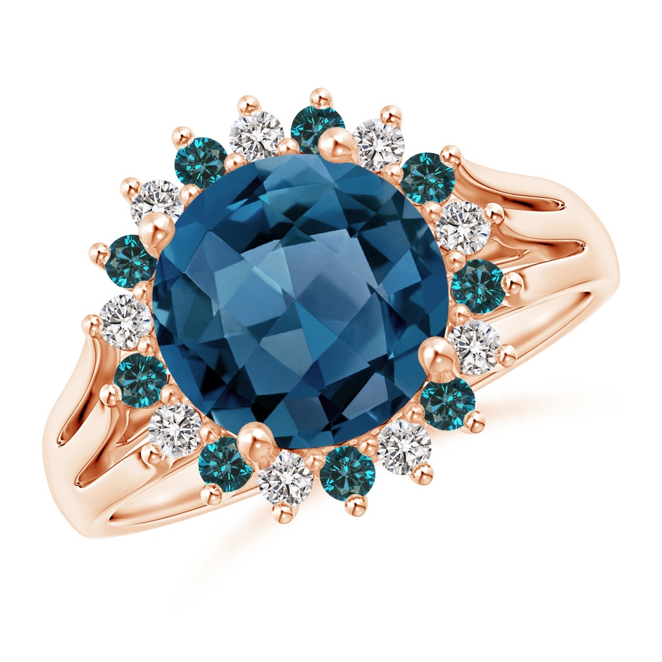 9mm AA London Blue Topaz Triple Shank Ring with Alternating Halo in Rose Gold 