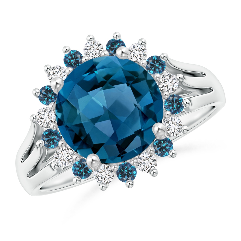 9mm AAA London Blue Topaz Triple Shank Ring with Alternating Halo in White Gold