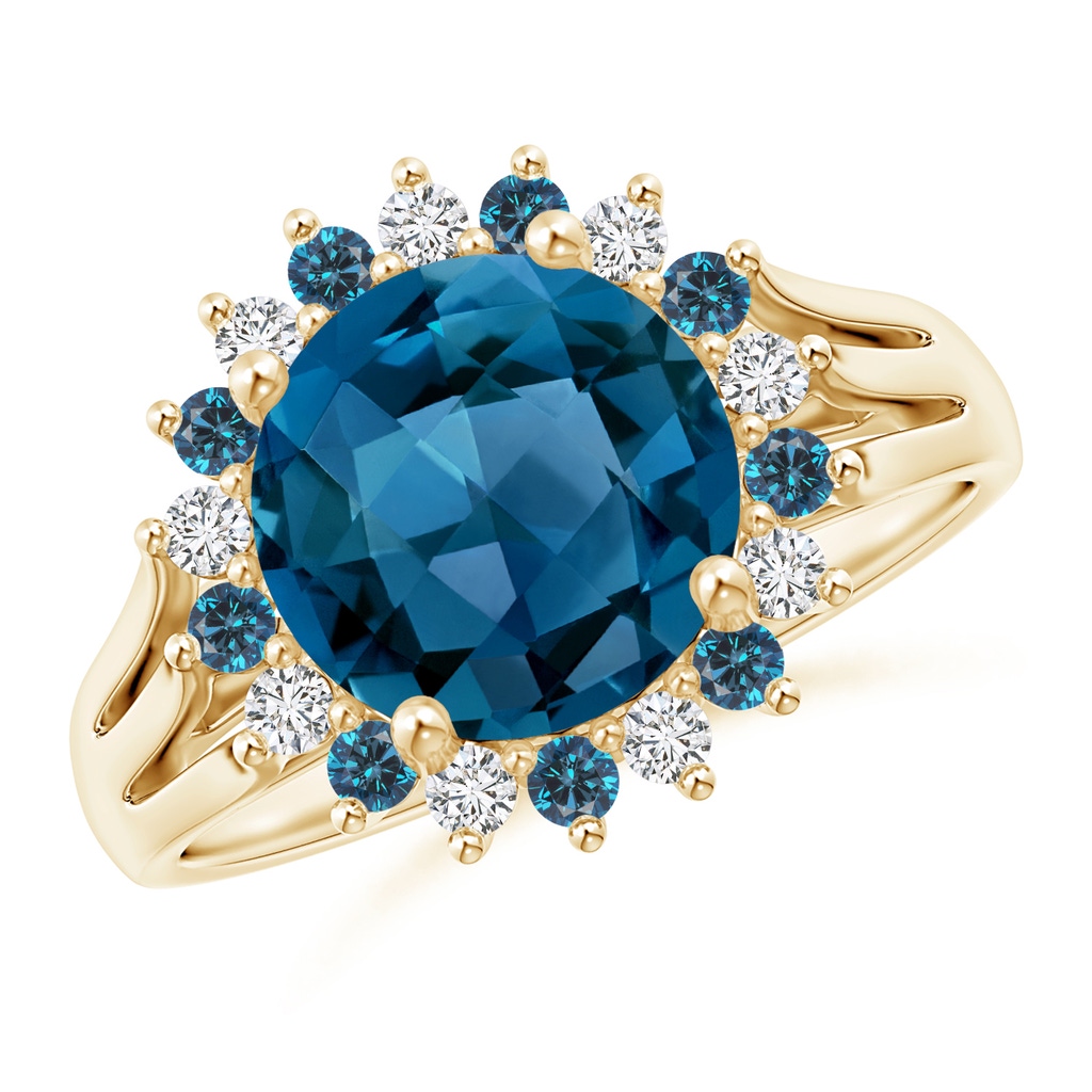 9mm AAA London Blue Topaz Triple Shank Ring with Alternating Halo in Yellow Gold