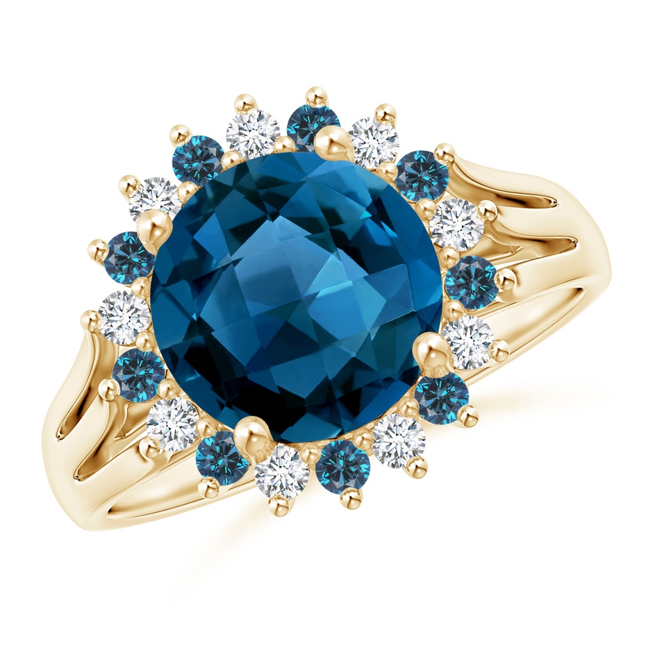 9mm AAAA London Blue Topaz Triple Shank Ring with Alternating Halo in Yellow Gold 