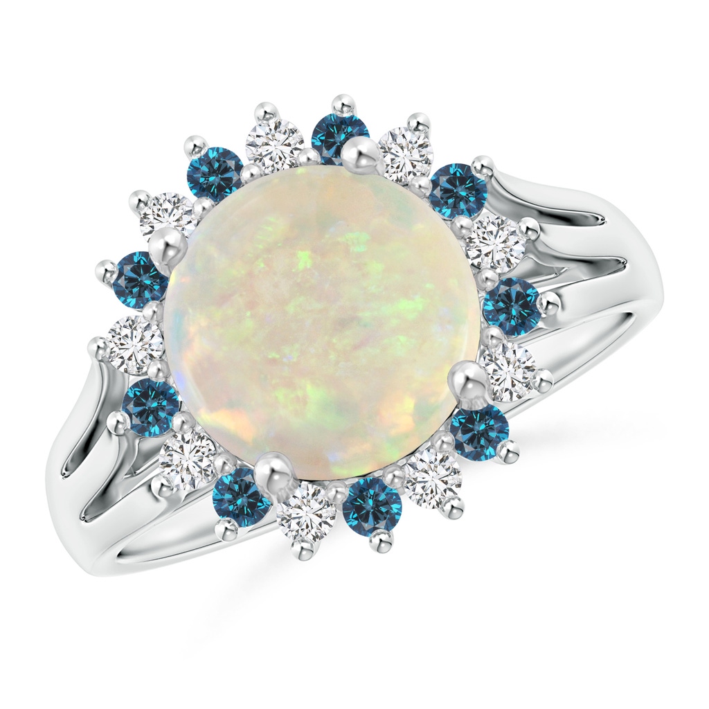 9mm AAA Round Opal Triple Split Shank Ring with Alternating Halo in White Gold