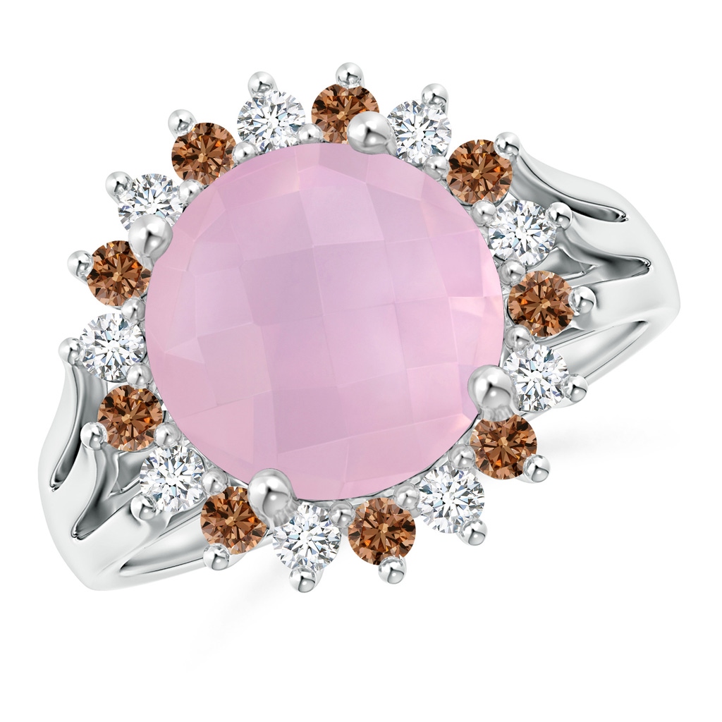 10mm AAAA Rose Quartz Triple Split Shank Ring with Alternating Halo in White Gold