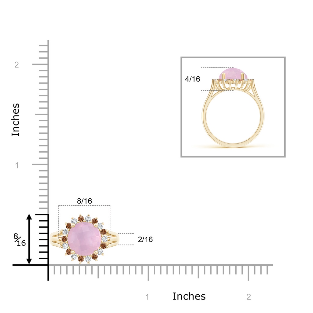 8mm AAAA Rose Quartz Triple Split Shank Ring with Alternating Halo in Yellow Gold Ruler