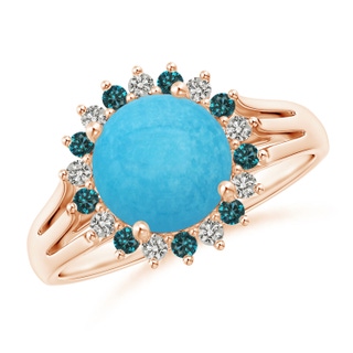 8mm A Round Turquoise Triple Split Shank Ring with Alternating Halo in Rose Gold
