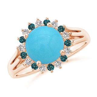 8mm AA Round Turquoise Triple Split Shank Ring with Alternating Halo in Rose Gold