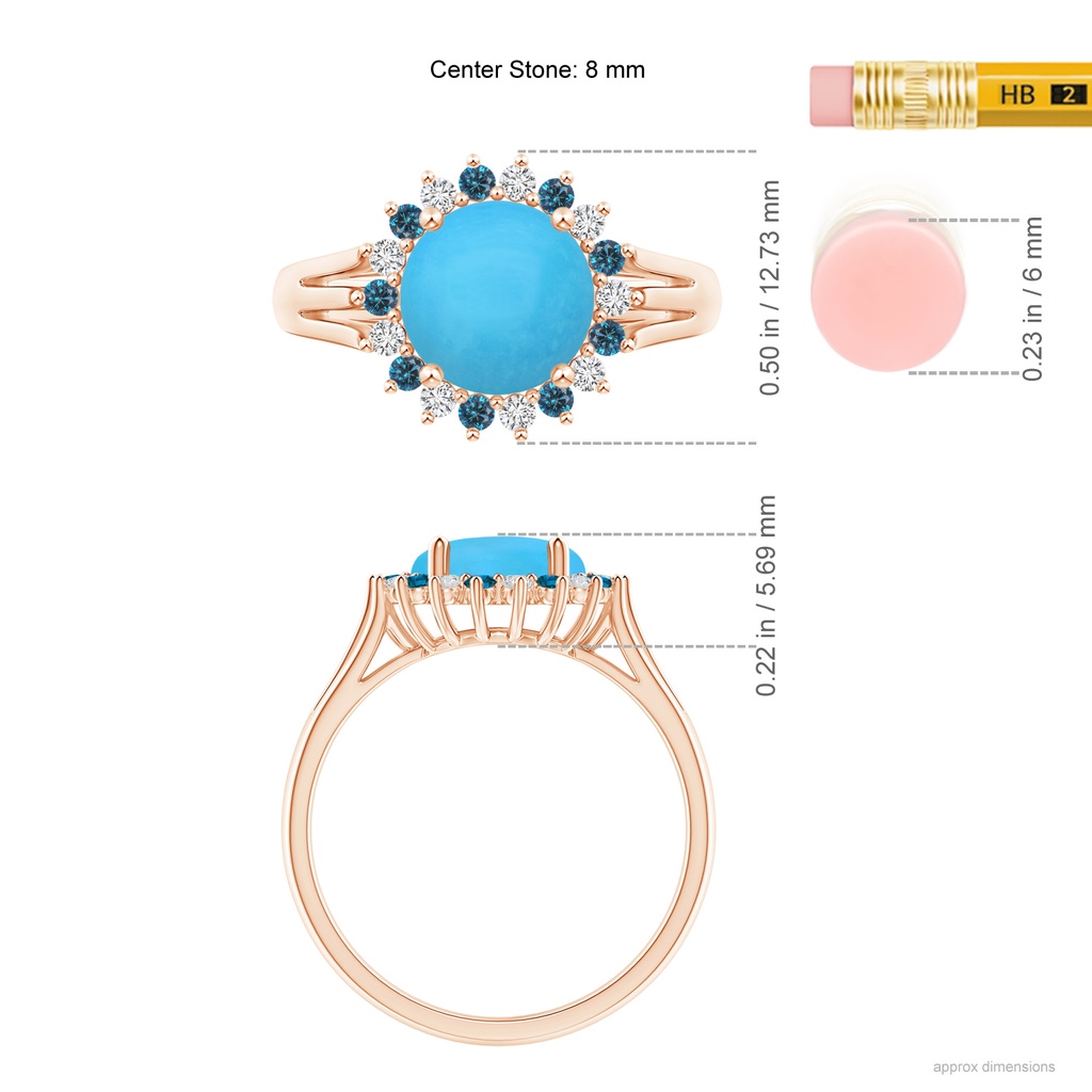 8mm AAA Round Turquoise Triple Split Shank Ring with Alternating Halo in Rose Gold Ruler