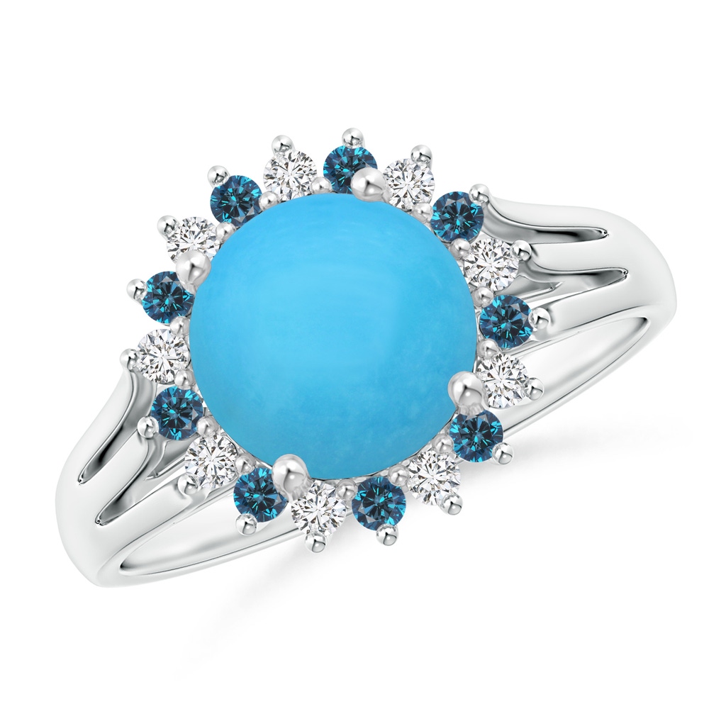 8mm AAA Round Turquoise Triple Split Shank Ring with Alternating Halo in White Gold