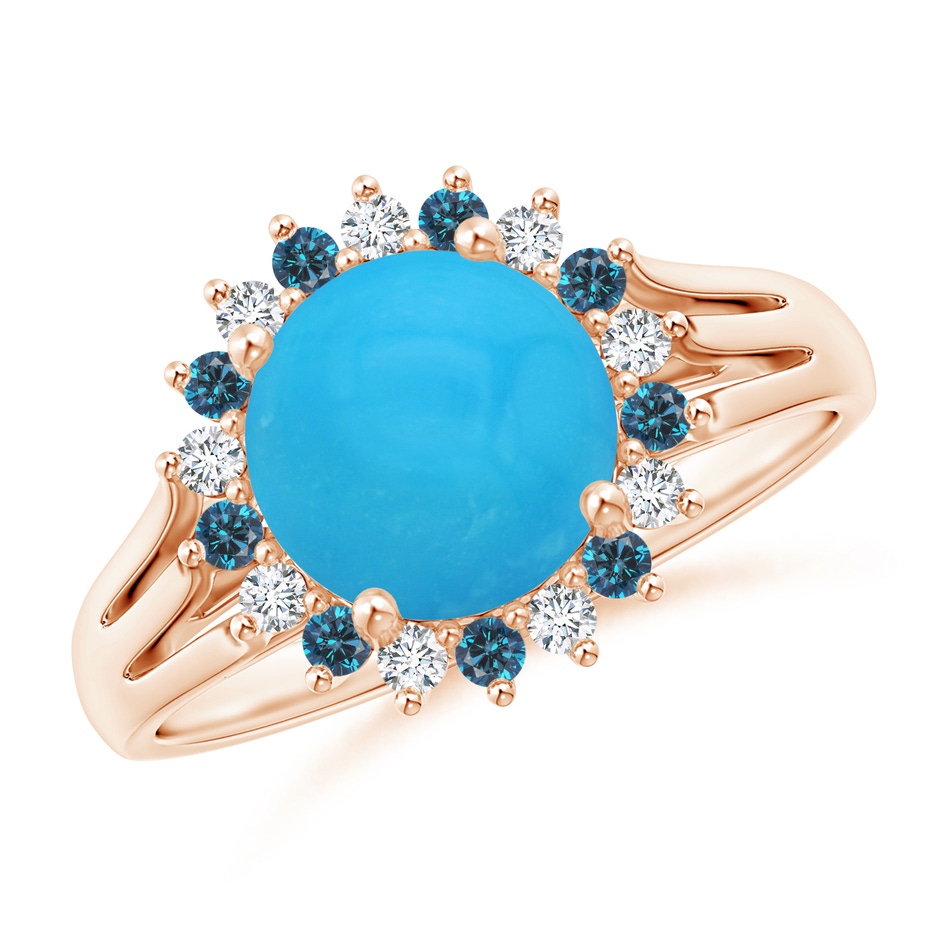 8mm AAAA Round Turquoise Triple Split Shank Ring with Alternating Halo in Rose Gold 