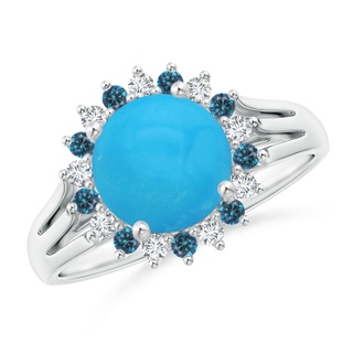 8mm AAAA Round Turquoise Triple Split Shank Ring with Alternating Halo in White Gold