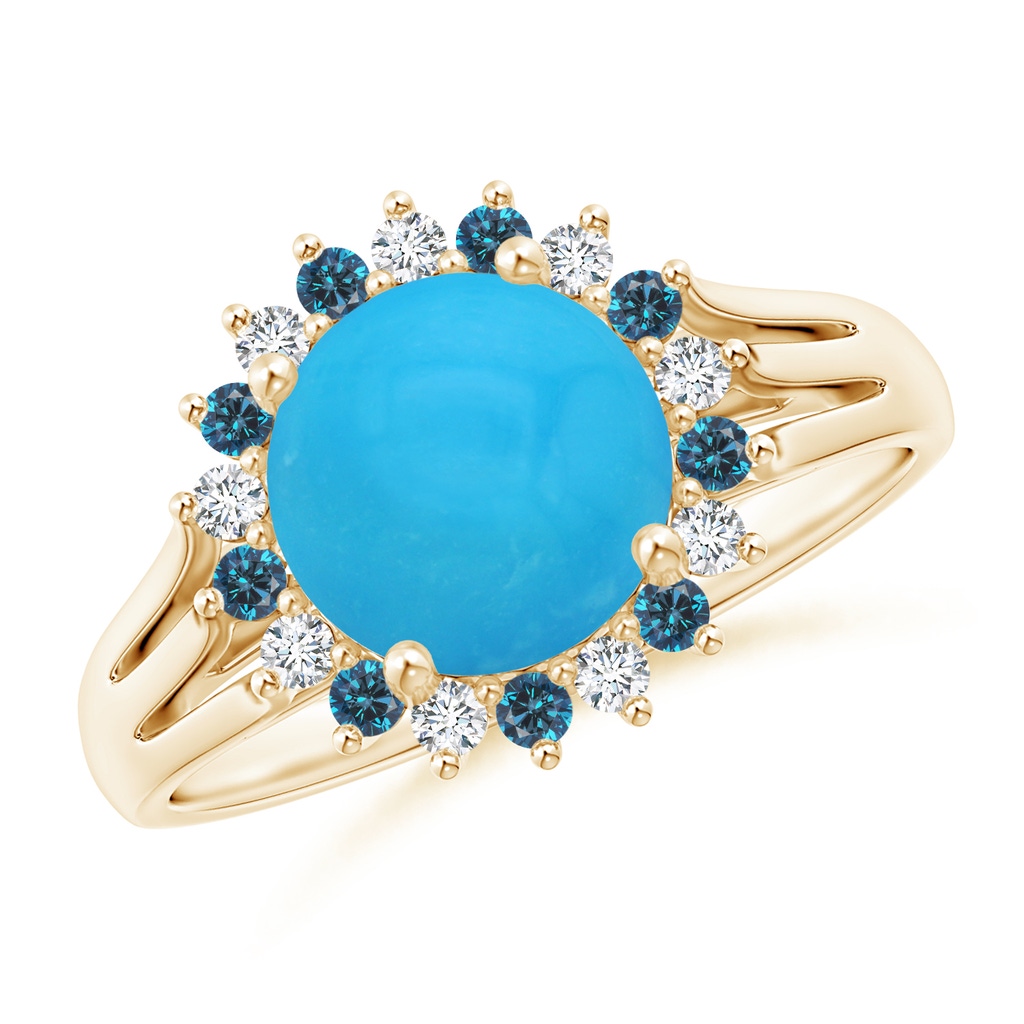 8mm AAAA Round Turquoise Triple Split Shank Ring with Alternating Halo in Yellow Gold