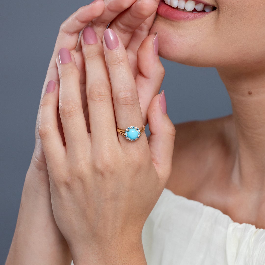 Round Turquoise Triple Split Shank Ring with Alternating Halo