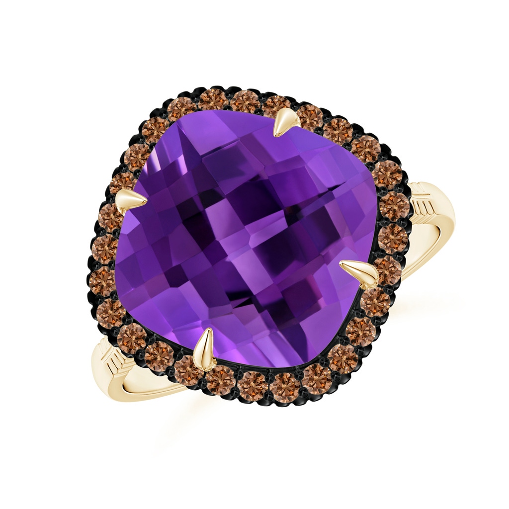 11mm AAAA Claw-Set Cushion Amethyst Halo Ring with Filigree in Yellow Gold