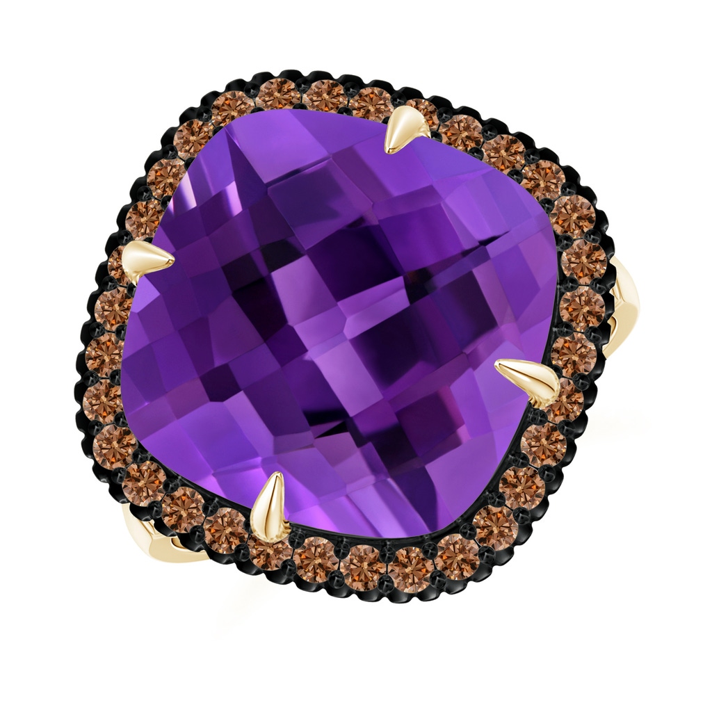 13mm AAAA Claw-Set Cushion Amethyst Halo Ring with Filigree in Yellow Gold