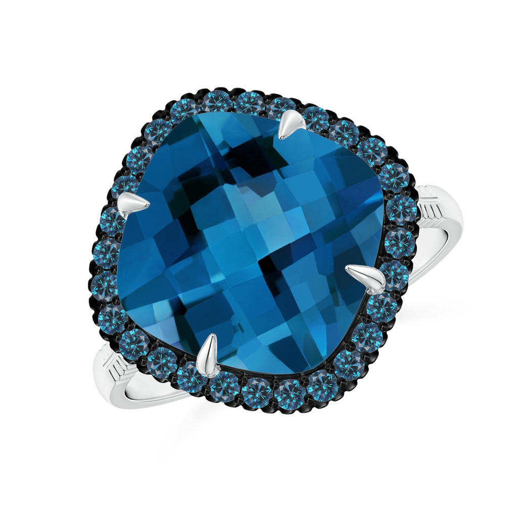 11mm AAA Claw-Set Cushion London Blue Topaz Halo Ring with Filigree in White Gold