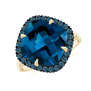 11mm AAAA Claw-Set Cushion London Blue Topaz Halo Ring with Filigree in Yellow Gold